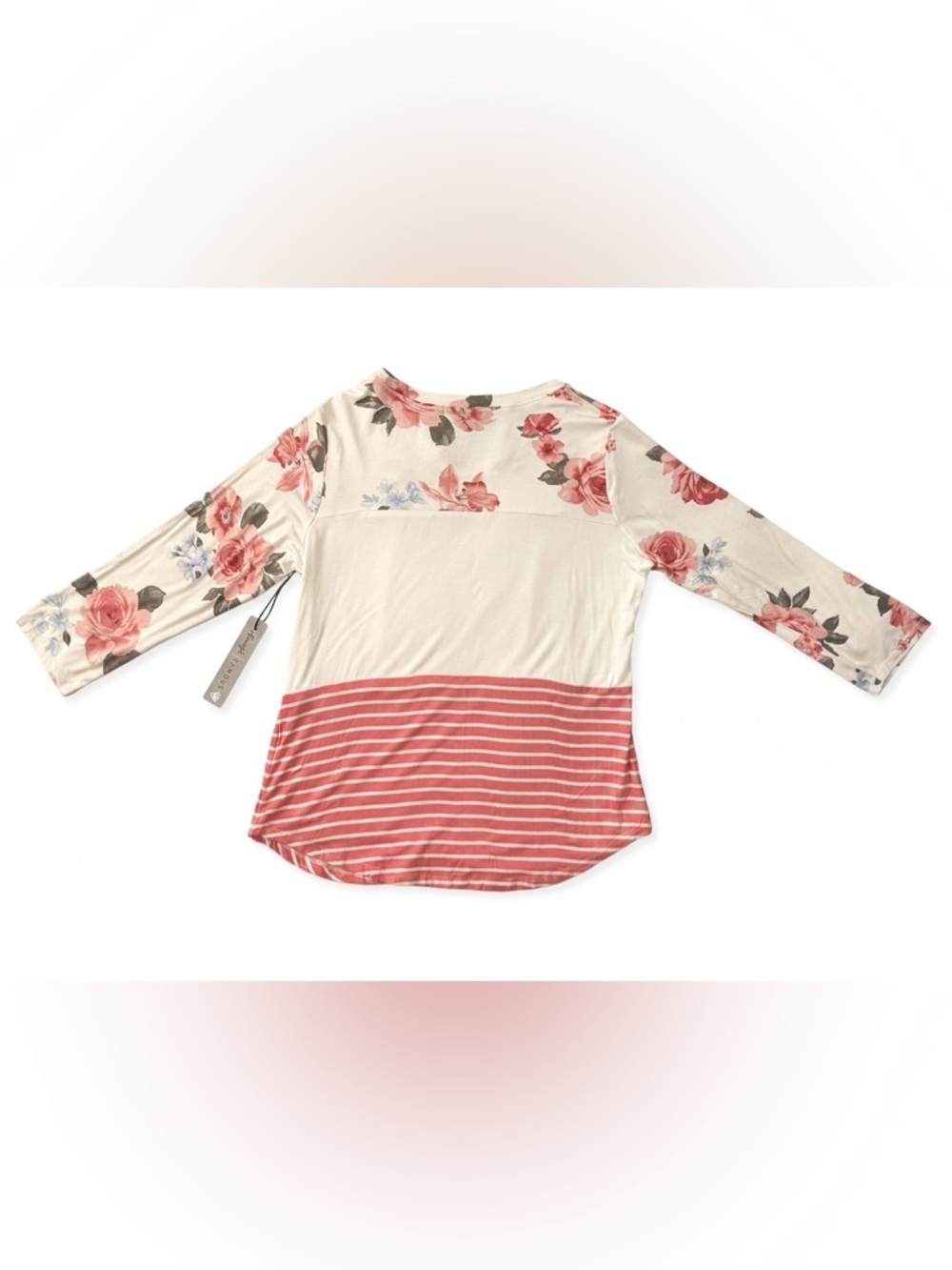 Absolutely Famous Cream Top with Coral Floral Sleeves & Stripe Hem - Picture 6 of 10